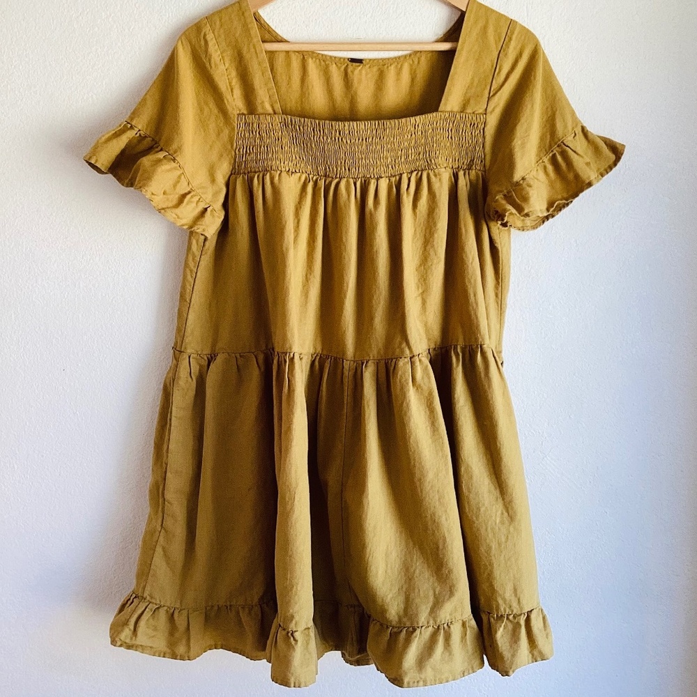 Free People Peasant Style Short Dress - Ruffles -  Gold Mustard Yellow - Medium